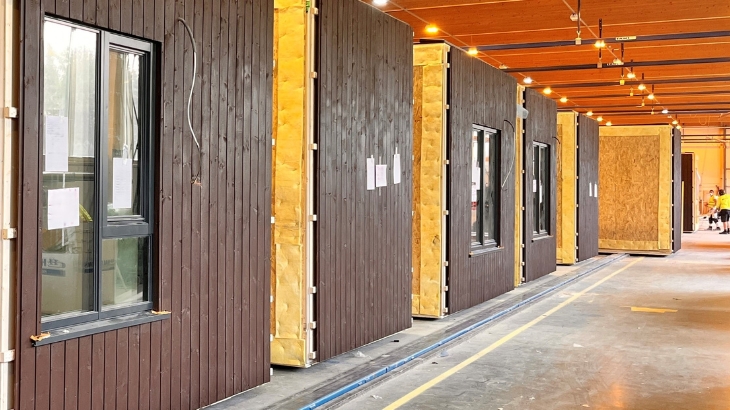 Moduler at træ, der står efter hinanden på et fabrikbånd.