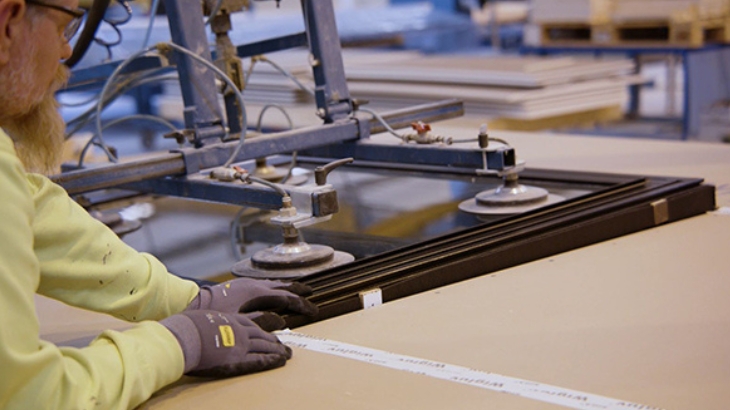 Factory worker and robot placing a window into a wall element.